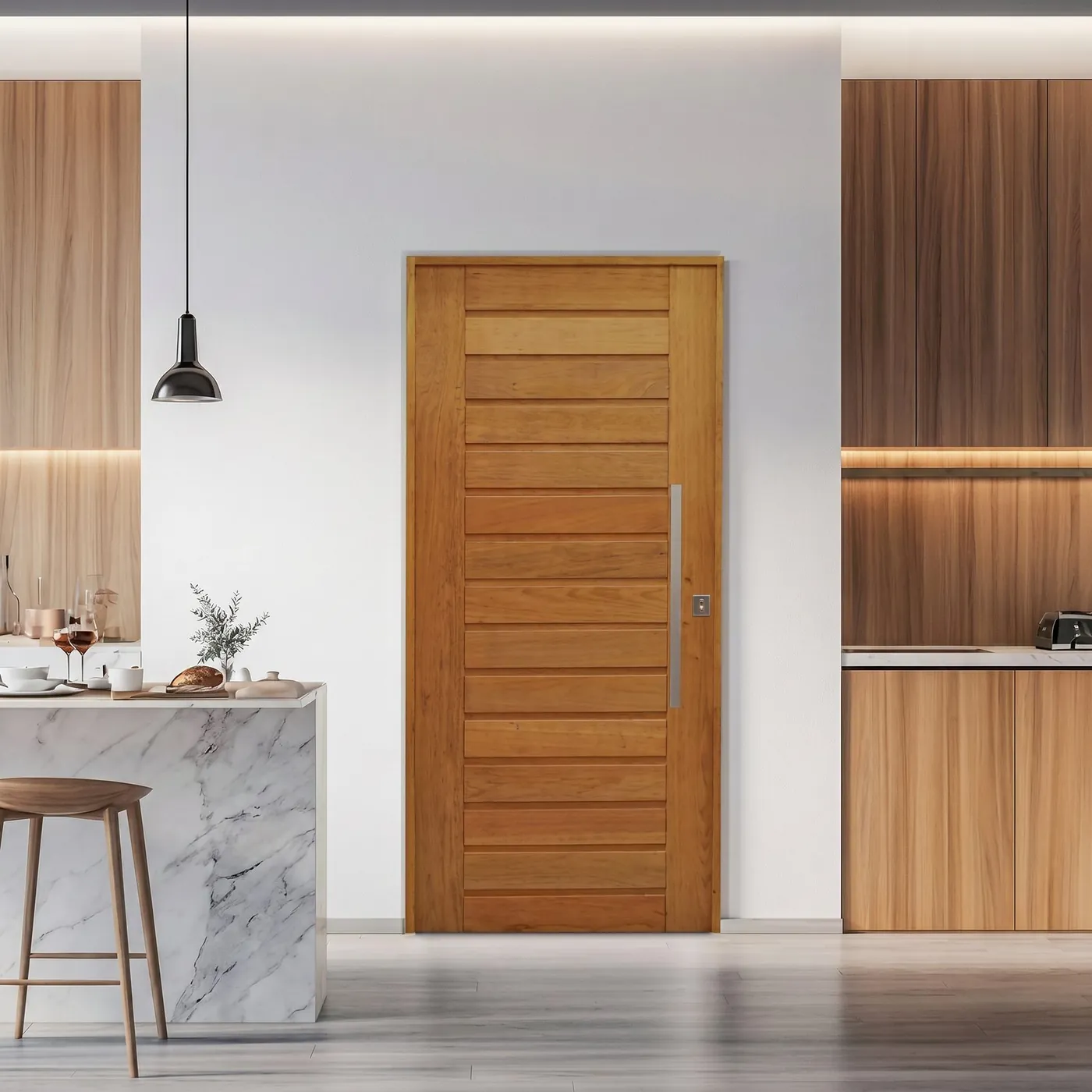 Ambiente residencial com puxador em inox na porta de madeira